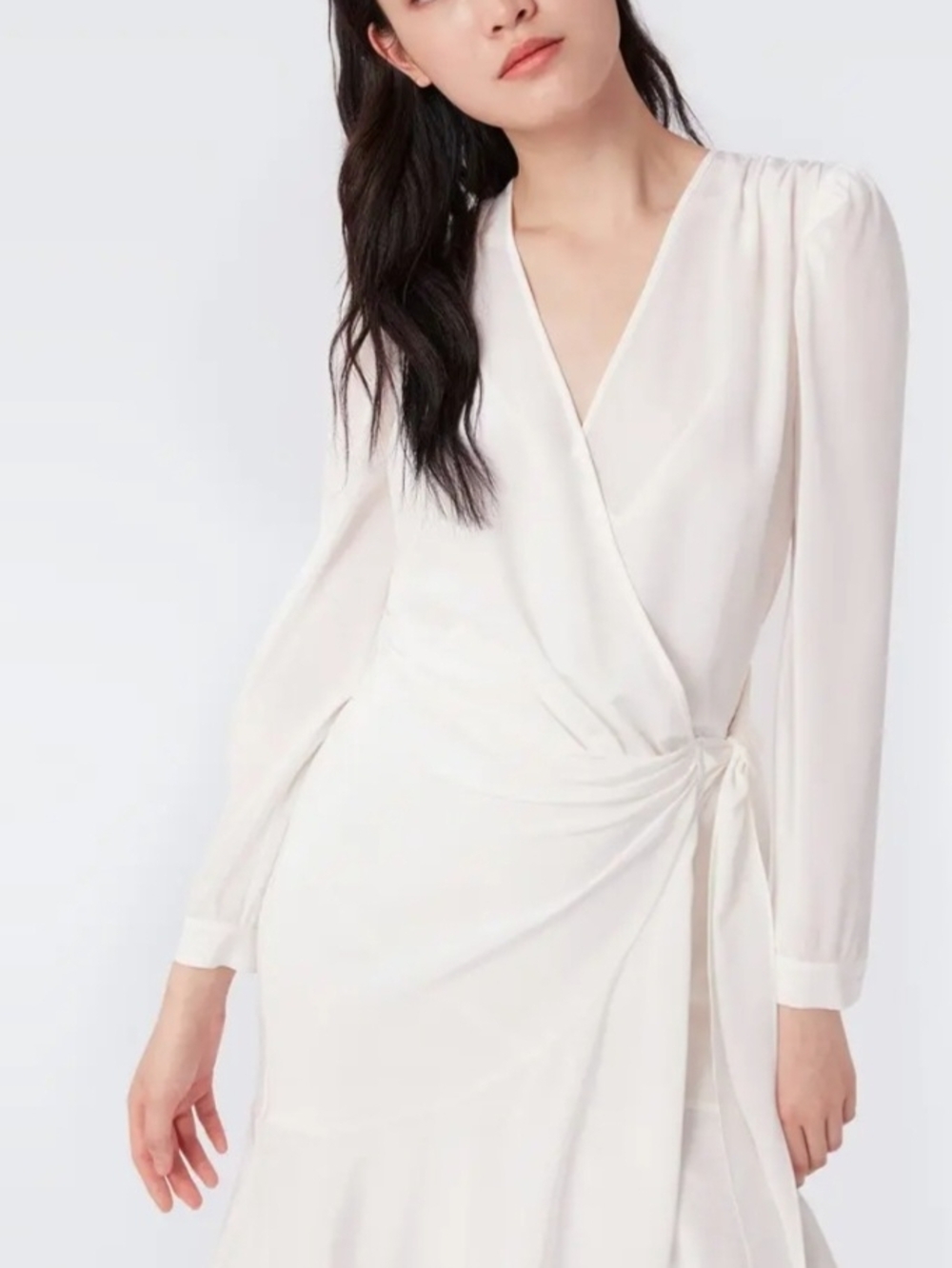 Elegant White Faux Wrap Midi Dress with Long Sleeves